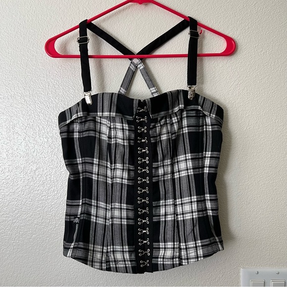 Vintage Y2K Hot Topic Tripp NYC Black Plaid Corset Hook & Eye Halter Top - Sz M - Picture 1 of 8